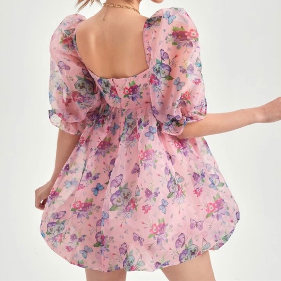 Square Neck Puff Sleeve Butterfly Floral Baby Doll Dress Live Your Barbie Dreams - Picture 6 of 7
